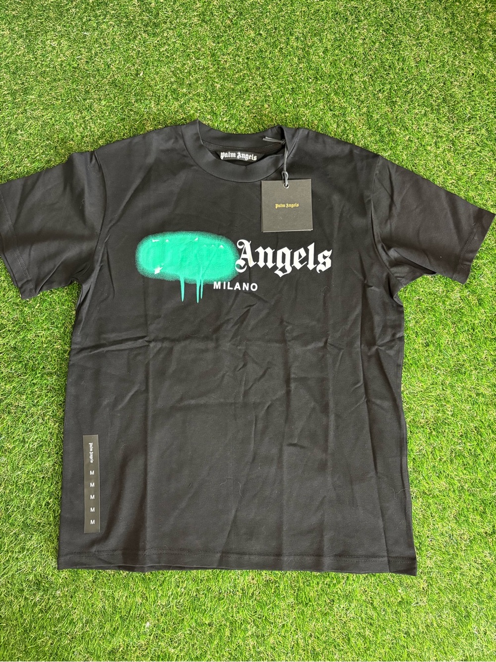 Size large Palm Angels Black Tee with Green Spray Graphic
